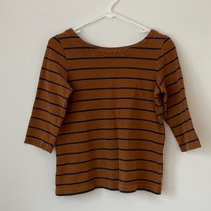 Lands End Canvas Brown Navy Stripe Boat Neck Sailor Nautical Heavy Weight Shirt